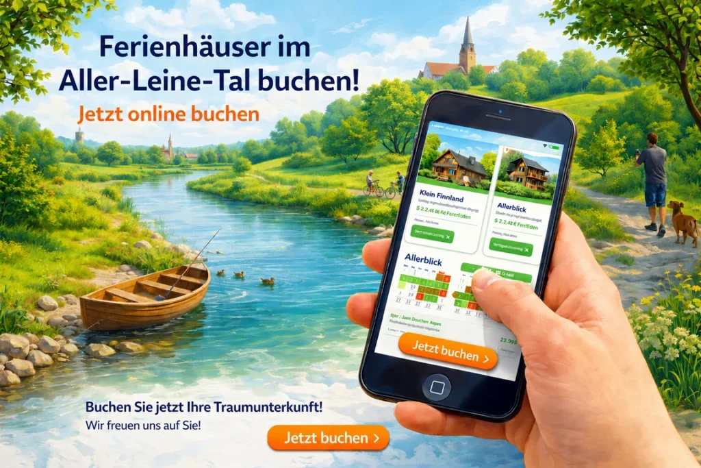 Ein Handybildschirm mit einer Naturlandschaft im Hintergrund. Ein Daumen klickt auf Jetzt Buchen auf dem Handybildschirm.